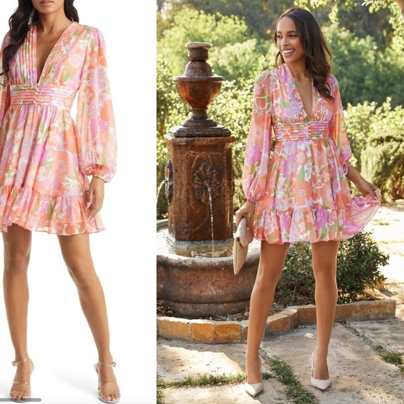 VICI Collection Floral Long Sleeve Chiffon Babydoll Dress Medium Retro Look - Picture 1 of 11